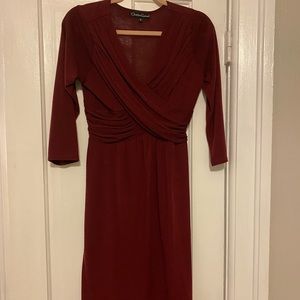 Christine Gerard, dark red dress with draped empire waist